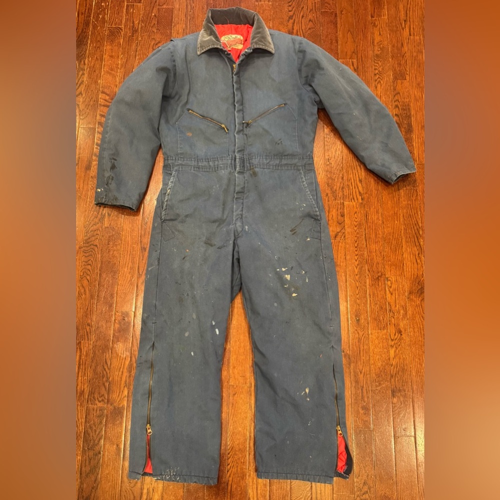 Grungy Paint Stained Vintage Walls Blizzard Pruf Insulated Coveralls Blue 70s XL